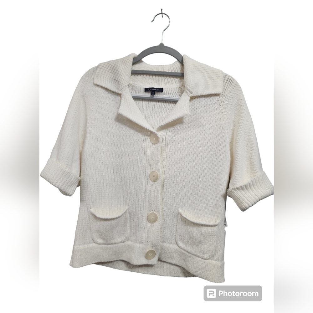 NWT Anne Klein Button UP Knit Sweater Ivory Beige Collared Size Medium
